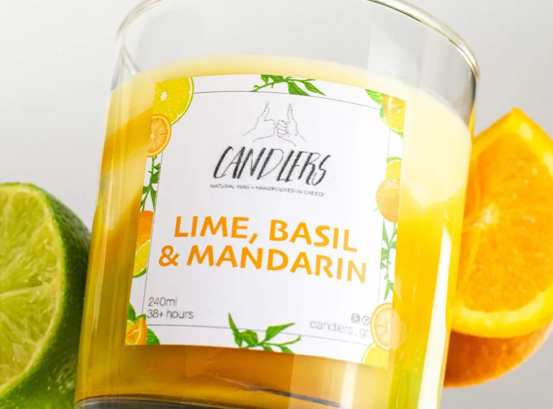 αρωματικό κερί σόγιας με άρωμα lime, basil & mandarin