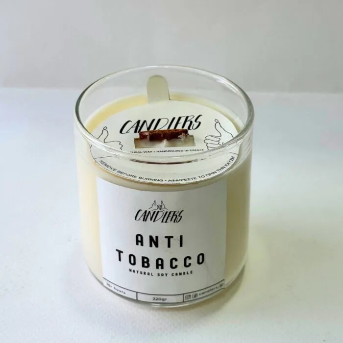 Αρωματικό κερί σόγιας Anti Tobacco 220γρ, ιδανικό για την εξουδετέρωση της οσμής του τσιγάρου και του καπνού, χαρίζοντας μια αίσθηση φρεσκάδας στον χώρο