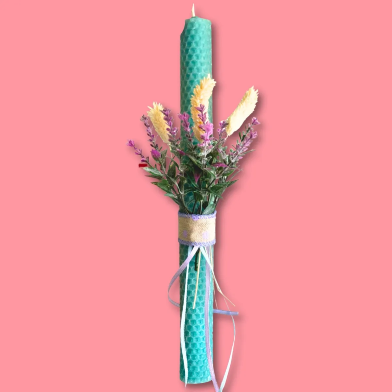 Πασχαλινή λαμπάδα μελισσοκέρι βεραμάν με διακοσμητικά λουλούδια