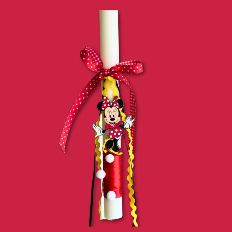 Πασχαλινή λαμπάδα πλακέ από κερί σόγιας με διακοσμητικό σχέδιο Minnie