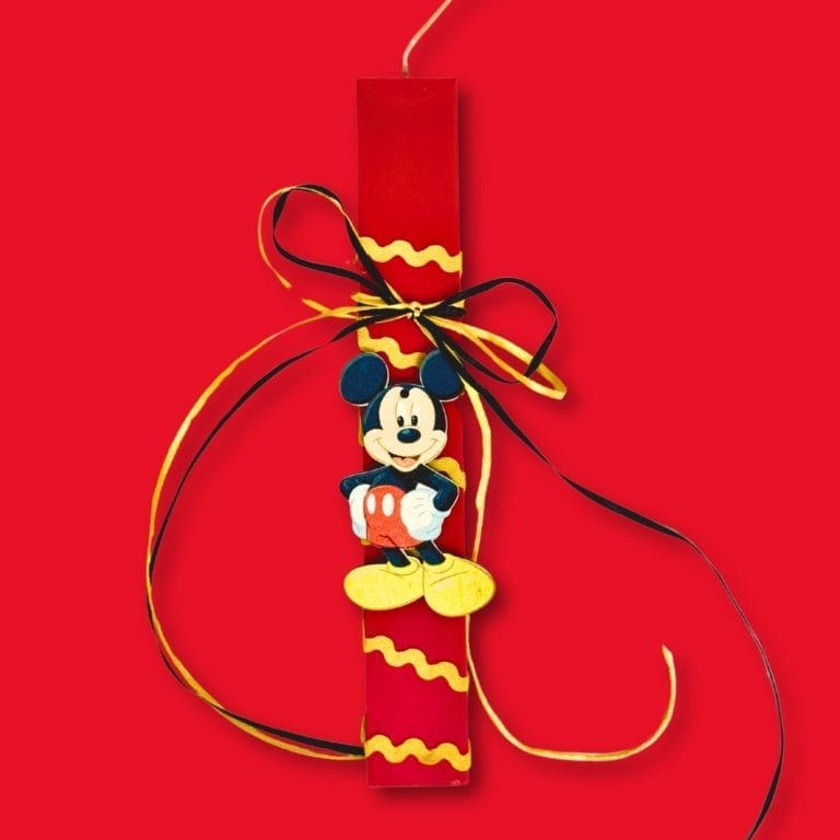 Πασχαλινή λαμπάδα πλακέ από κερί σόγιας με διακοσμητικό σχέδιο Μίκυ