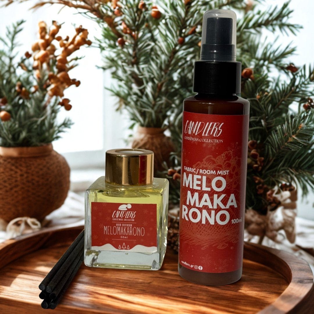 fabric_room mist 100ml - Μελομακάρονο (3) Gift Box που περιλαμβάνει 1 Reed Diffuser 50ml και 1 Fabric/Room Mist 100ml με άρωμα μελομακάρονο