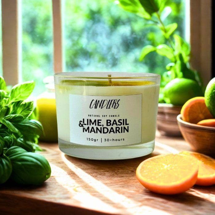 Αρωματικό κερί σόγιας 150γρ με άρωμα lime, basil & mandarin