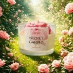 Χειροποίητο κερί σόγιας Secret Garden σε γυάλινο δοχείο 150gr, διακοσμημένο με ροζ και λευκή παιώνια, τοποθετημένο σε παραμυθένιο κήπο με ανθισμένες παιώνιες και ηλιόλουστο, αιθέριο φόντο.