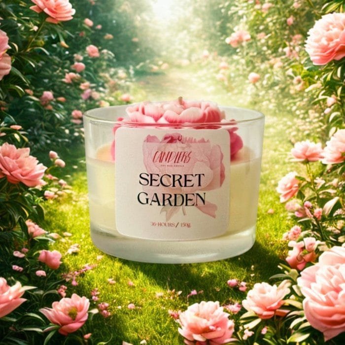 Χειροποίητο κερί σόγιας Secret Garden σε γυάλινο δοχείο 150gr, διακοσμημένο με ροζ και λευκή παιώνια, τοποθετημένο σε παραμυθένιο κήπο με ανθισμένες παιώνιες και ηλιόλουστο, αιθέριο φόντο.