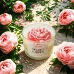 Χειροποίητο κερί σόγιας Secret Garden σε γυάλινο δοχείο 150gr, διακοσμημένο με ροζ και λευκή παιώνια, τοποθετημένο σε παραμυθένιο κήπο με ανθισμένες παιώνιες και ηλιόλουστο, αιθέριο φόντο.