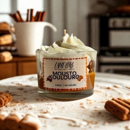 Κερί σόγιας με άρωμα μουστοκούλουρο, τοποθετημένο σε ξύλινη επιφάνεια, δίπλα σε φρεσκοψημένα κουλουράκια και ζεστή φθινοπωρινή ατμόσφαιρα.