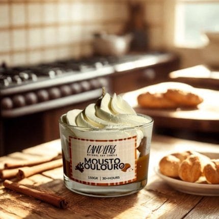 Κερί σόγιας με άρωμα μουστοκούλουρο, τοποθετημένο σε ξύλινη επιφάνεια, δίπλα σε φρεσκοψημένα κουλουράκια και ζεστή φθινοπωρινή ατμόσφαιρα.