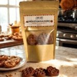 Κερί σόγιας με άρωμα μουστοκούλουρο, τοποθετημένο σε ξύλινη επιφάνεια, δίπλα σε φρεσκοψημένα κουλουράκια και ζεστή φθινοπωρινή ατμόσφαιρα.