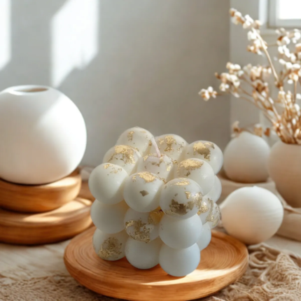 διακοσμητικό κερί σόγιας bubble cube λευκό με φύλλα χρυσού